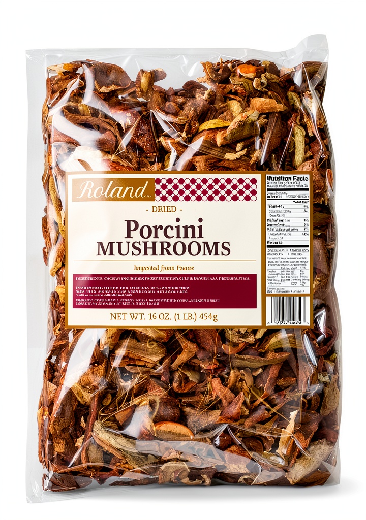 American Roland Porcini Mushrooms Dried Wild Premium French being soaked in a stainless steel bowl on a wooden countertop