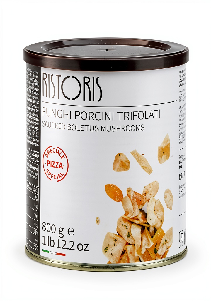 Ristoris Porcini Mushrooms in a can with sauteed slices visible