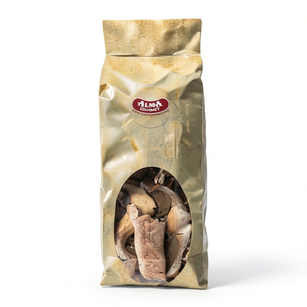 Alma Gourmet Dried Porcini Mushrooms hand‑packaged on a wooden kitchen countertop, showing thin slices and the original 14.1‑ounce box