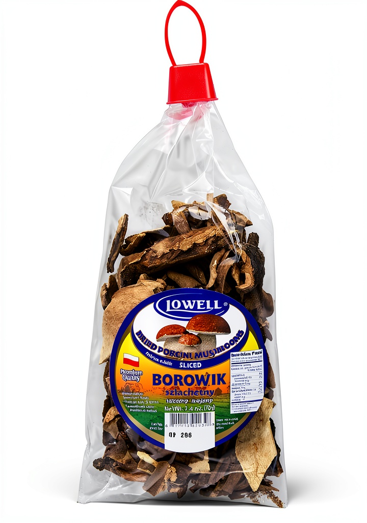 Polish Porcini Mushrooms by Lowell Foods opened on a wooden kitchen counter, showing dried caps and a rehydration bowl