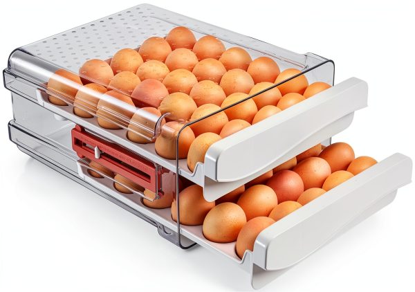 Sooyee 60 Capacity Egg Container for Refrigerator, Household Egg Holder for Fridge, Transparent 2 Drawers Chicken Egg Storage Container,White-0